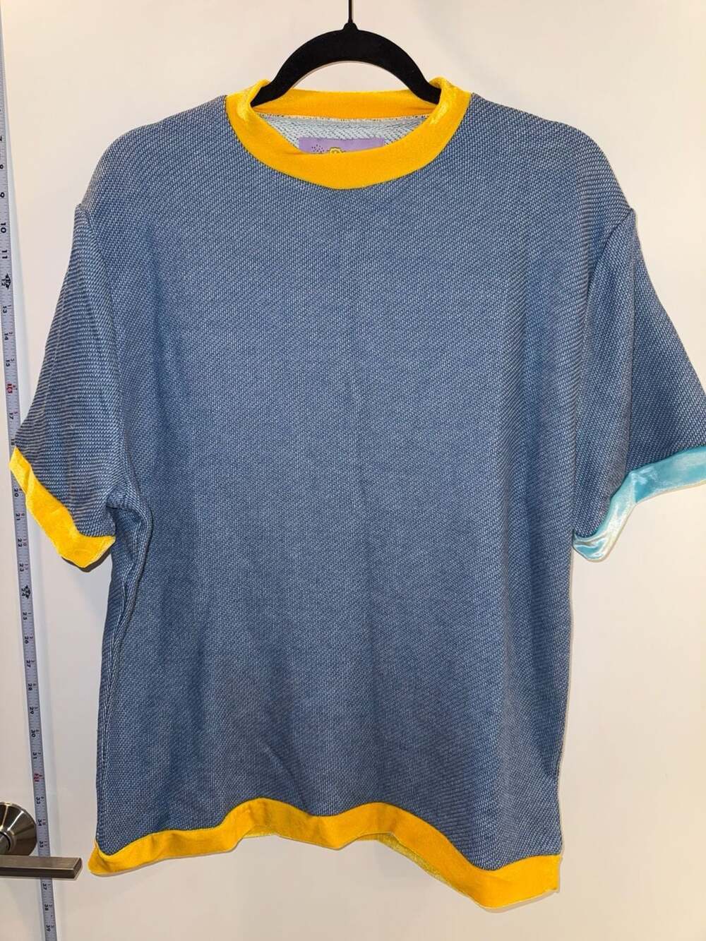 Rich Fashion Blue Textured Knit Short Sleeve Shirt with Yellow Velvet Trim Size